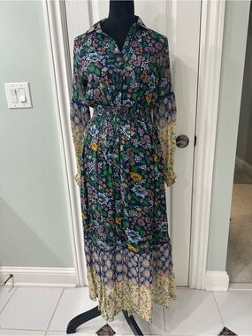 NWOT- Anthropologie Maeve Navy Floral Button-Front Maxi Dress with Green Accents